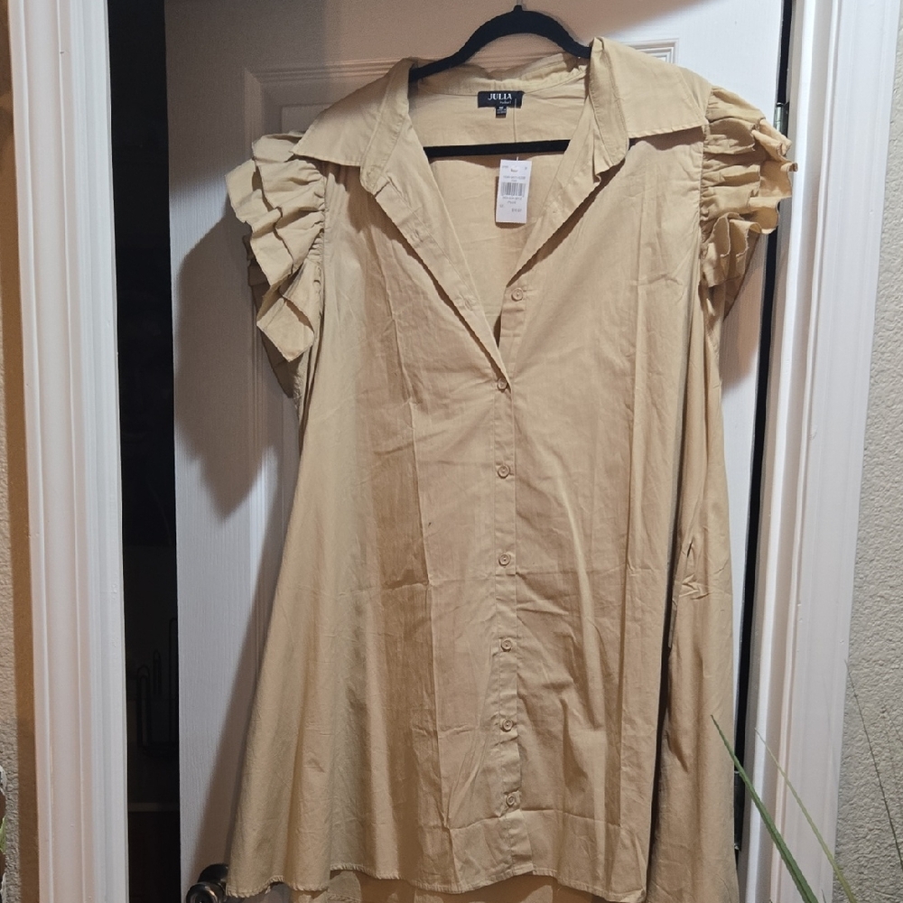 Elegant Beige Midi Dress with Ruffled Sleeves